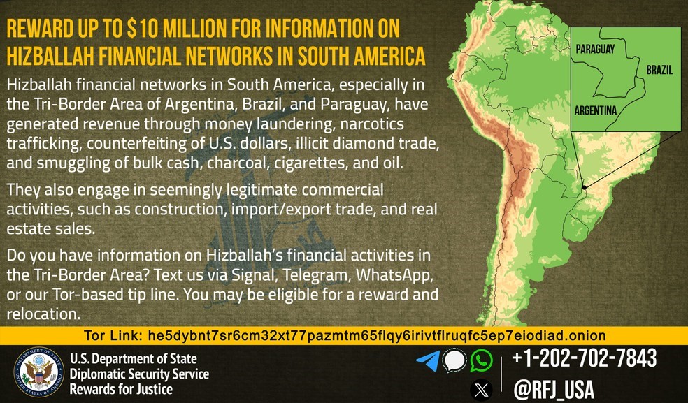 EUA oferecem recompensa de até US$ 10 milhões por informações sobre o Hezbollah em região fronteiriça do Brasil