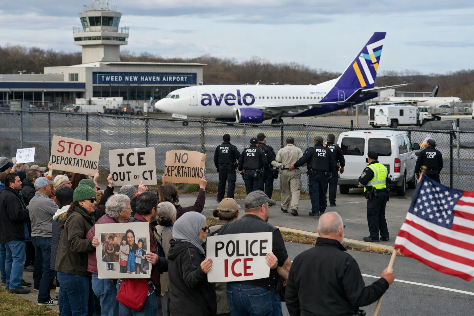 Protesto em New Haven (CT) contesta voos de deportação operados pela Avelo Airlines