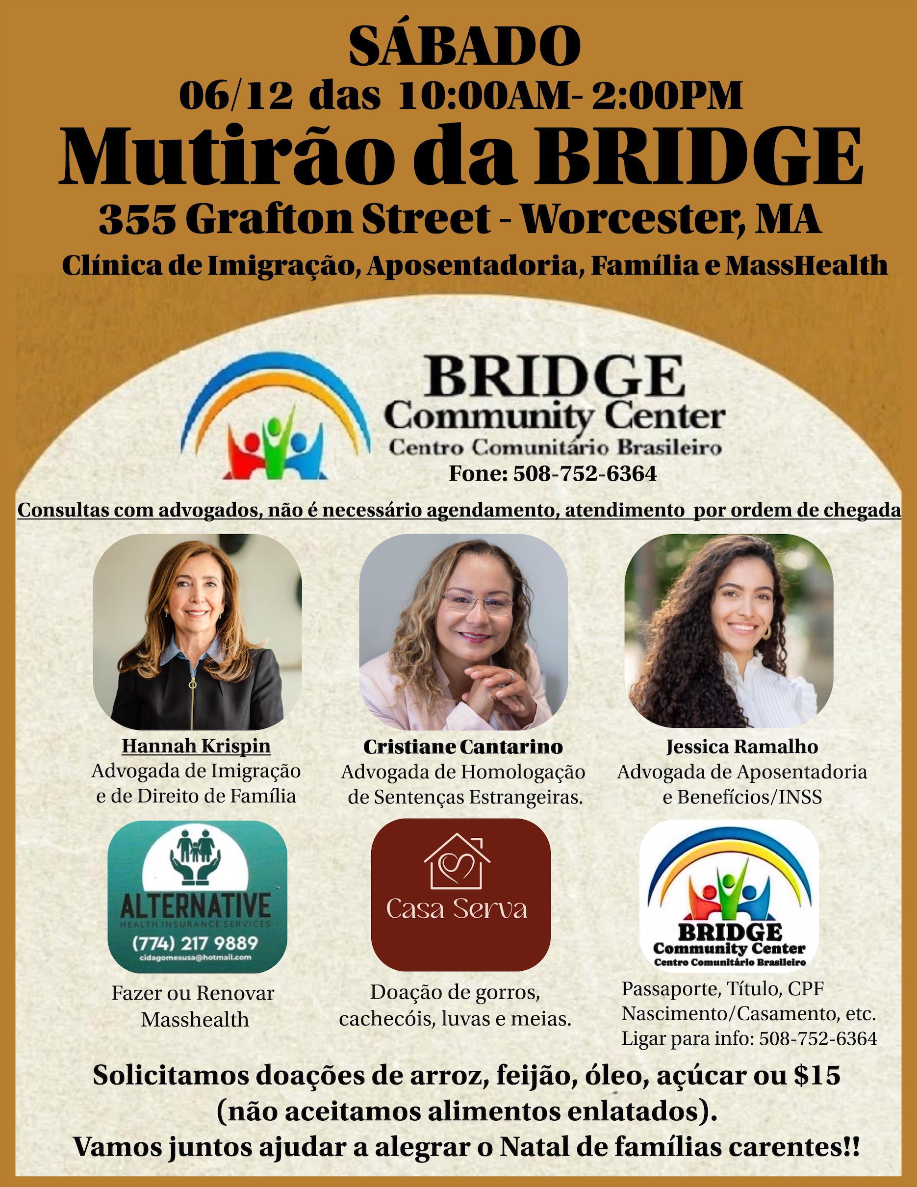 Bridge Community Center realiza mutirão neste sábado com atendimentos gratuitos e arrecadação de alimentos