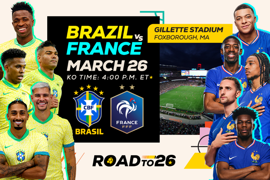 Brasil e França se enfrentam em amistoso internacional no Gillette Stadium em 26 de março de 2026