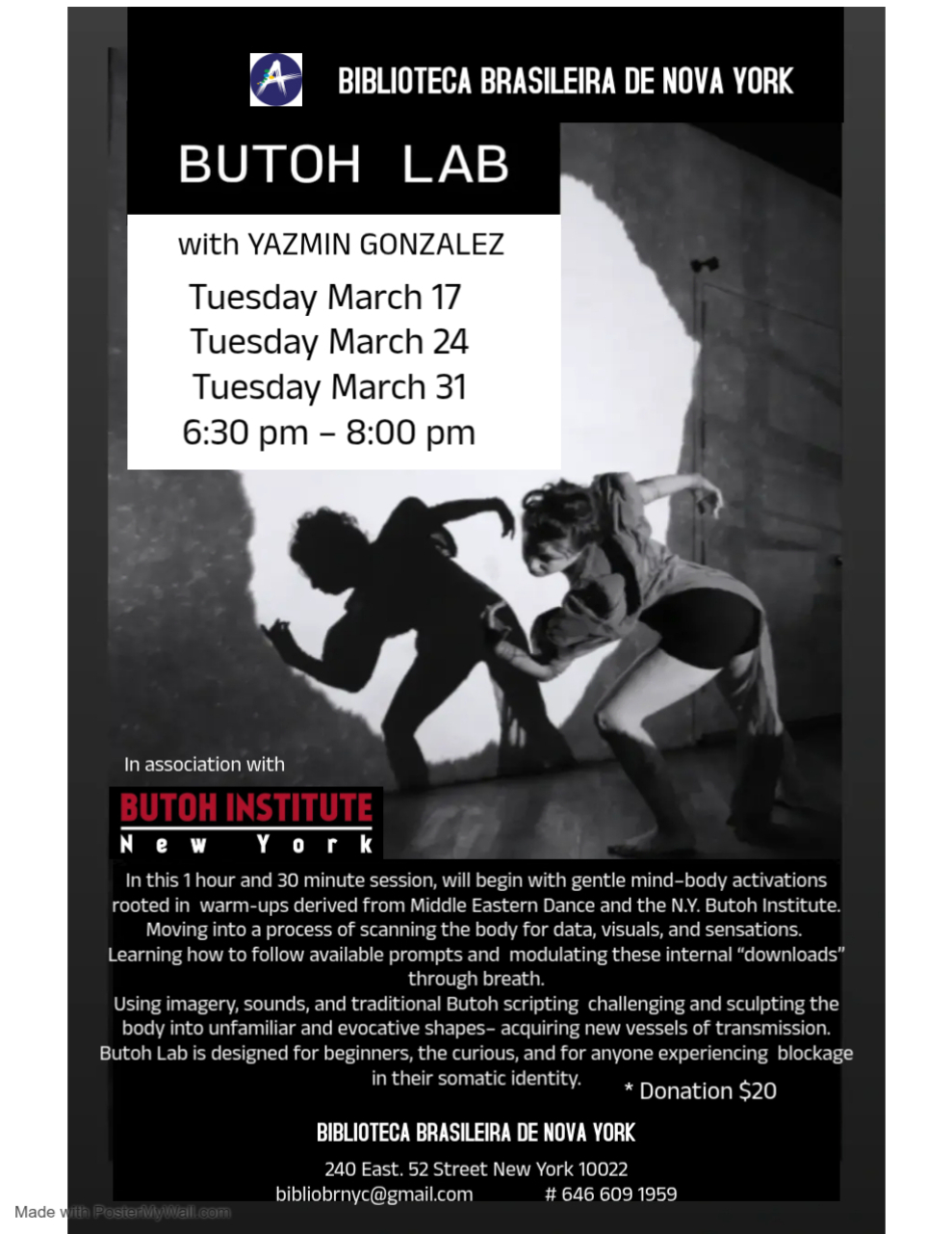 Biblioteca Brasileira de Nova York promove laboratório de dança Butoh aberto ao público