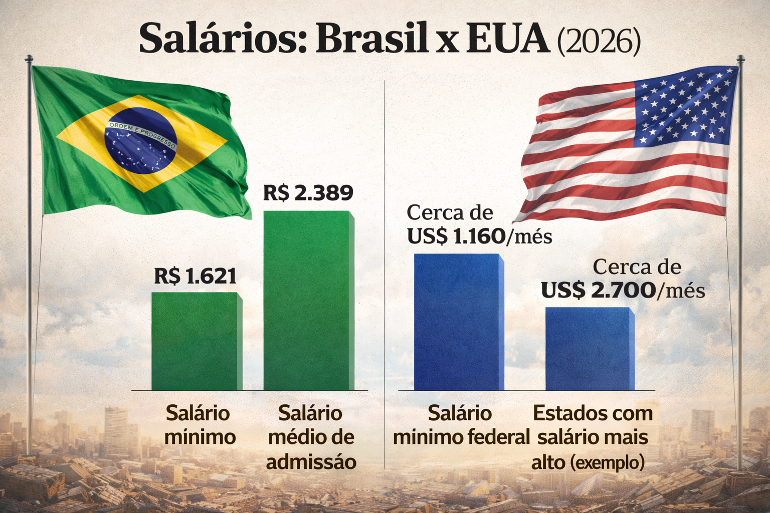 Salários no Brasil sobem em 2026, mas diferença para os EUA ainda é grande