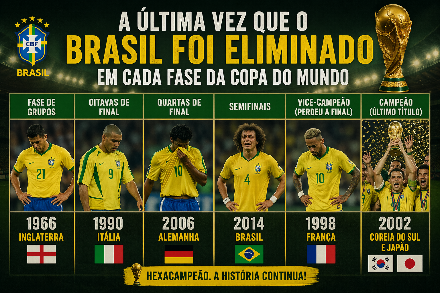 A última vez que o Brasil foi eliminado em cada fase da Copa do Mundo