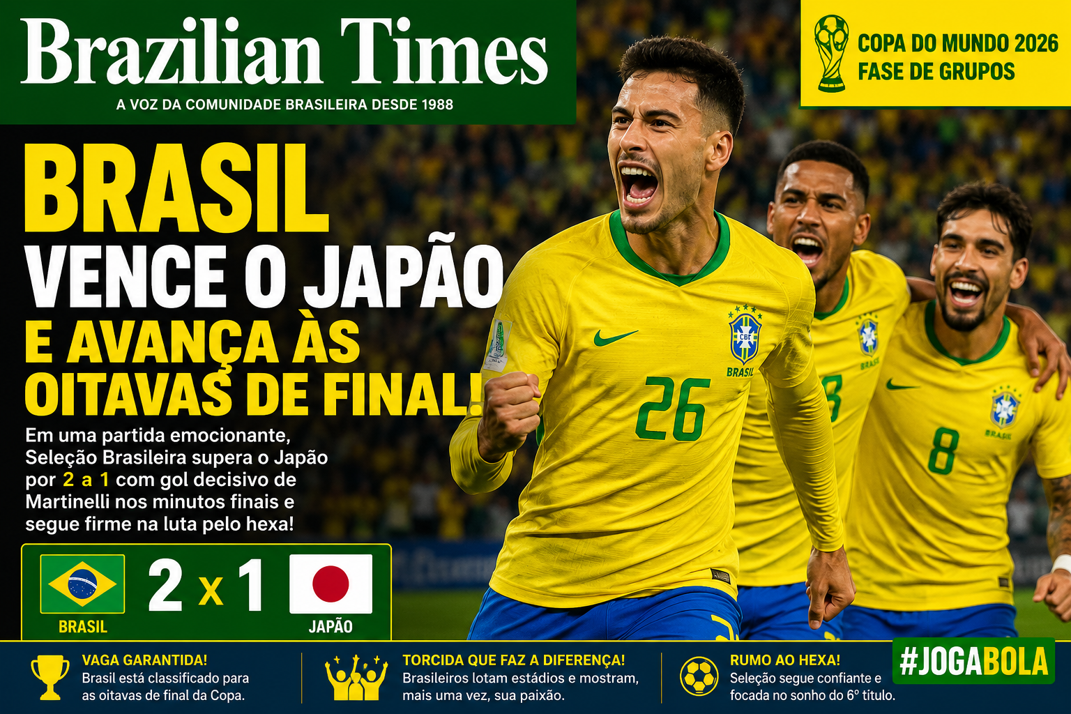 Brasil vence o Japão e avança às oitavas de final da Copa do Mundo