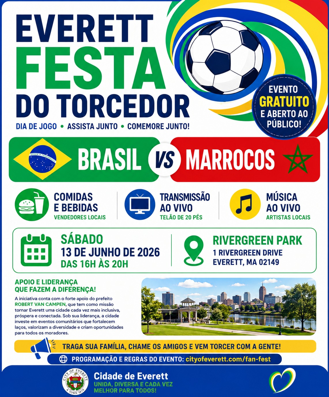 Brasil x Marrocos terá Watch Party gratuita em Everett com telão, música e gastronomia