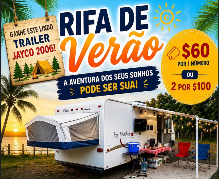 Rifa de Verão vai sortear trailer Jayco 2006 e parte da arrecadação será destinada à Festa Junina de igreja em Stoughton