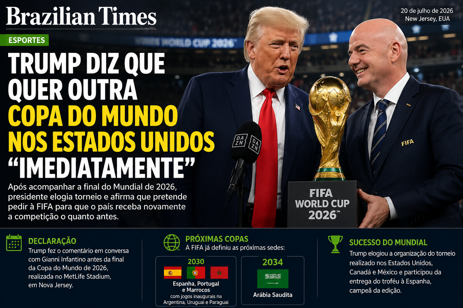 Trump diz que quer outra Copa do Mundo nos Estados Unidos “imediatamente” após sucesso do Mundial de 2026