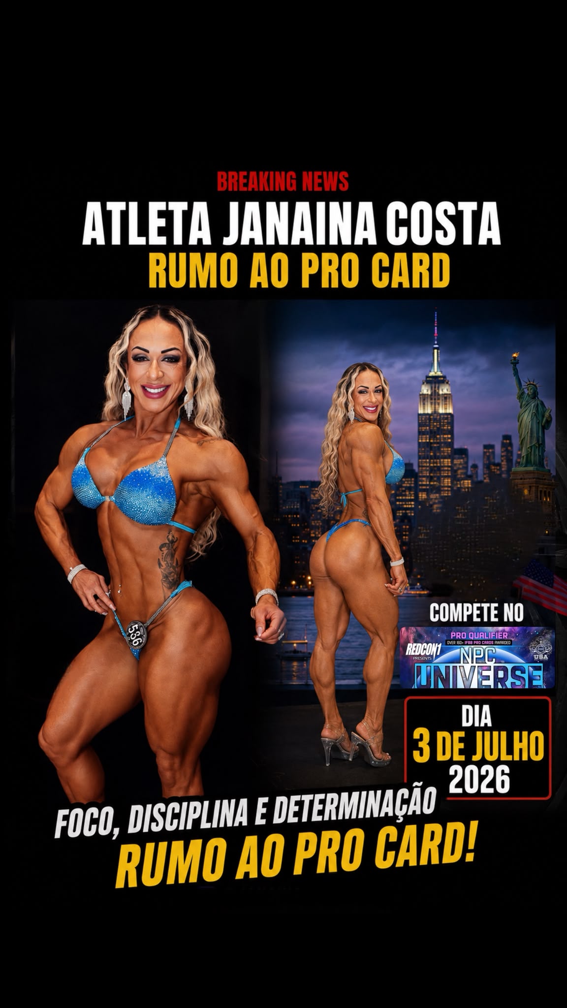 Janaina Costa busca conquistar Pro Card em importante competição de fisiculturismo em New Jersey