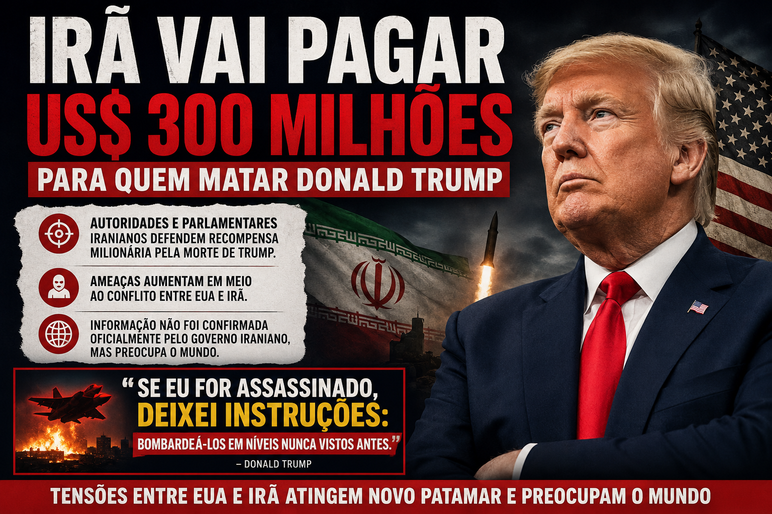 Irã amplia ameaças contra Trump, surgem propostas de recompensa milionária e presidente diz ter deixado instruções em caso de assassinato