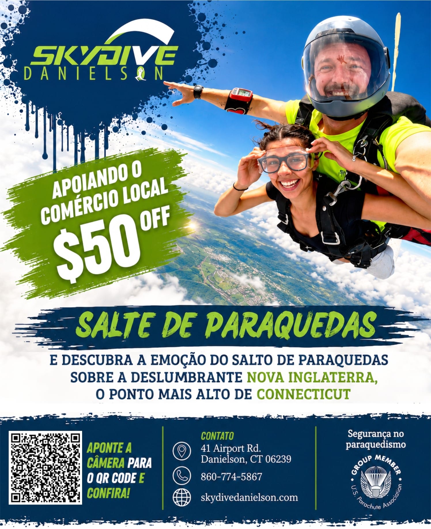 Skydive Danielson oferece experiência única de paraquedismo com desconto especial para a comunidade brasileira