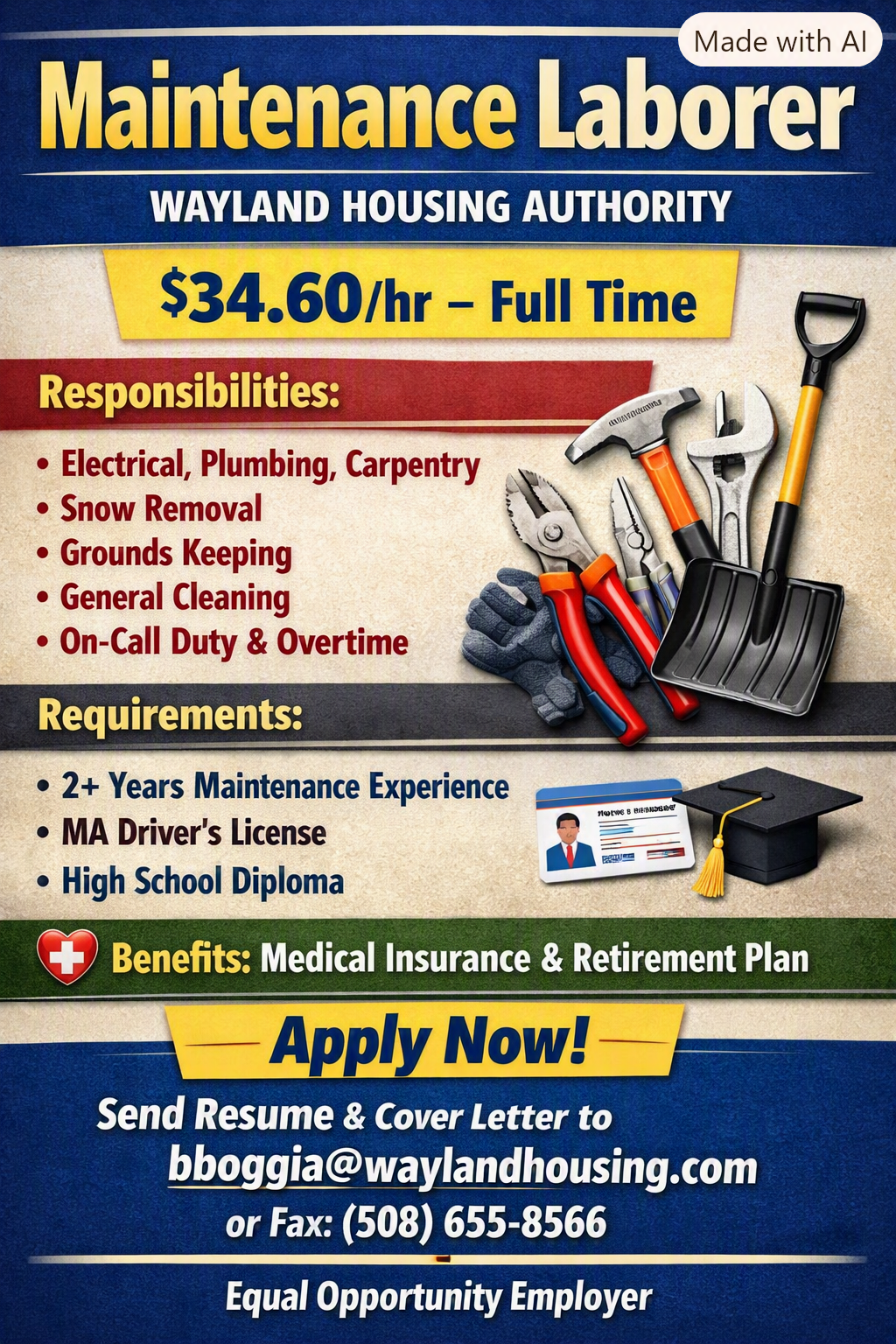 Wayland Housing Authority abre vaga para Maintenance Laborer com salário de $34.60/hora