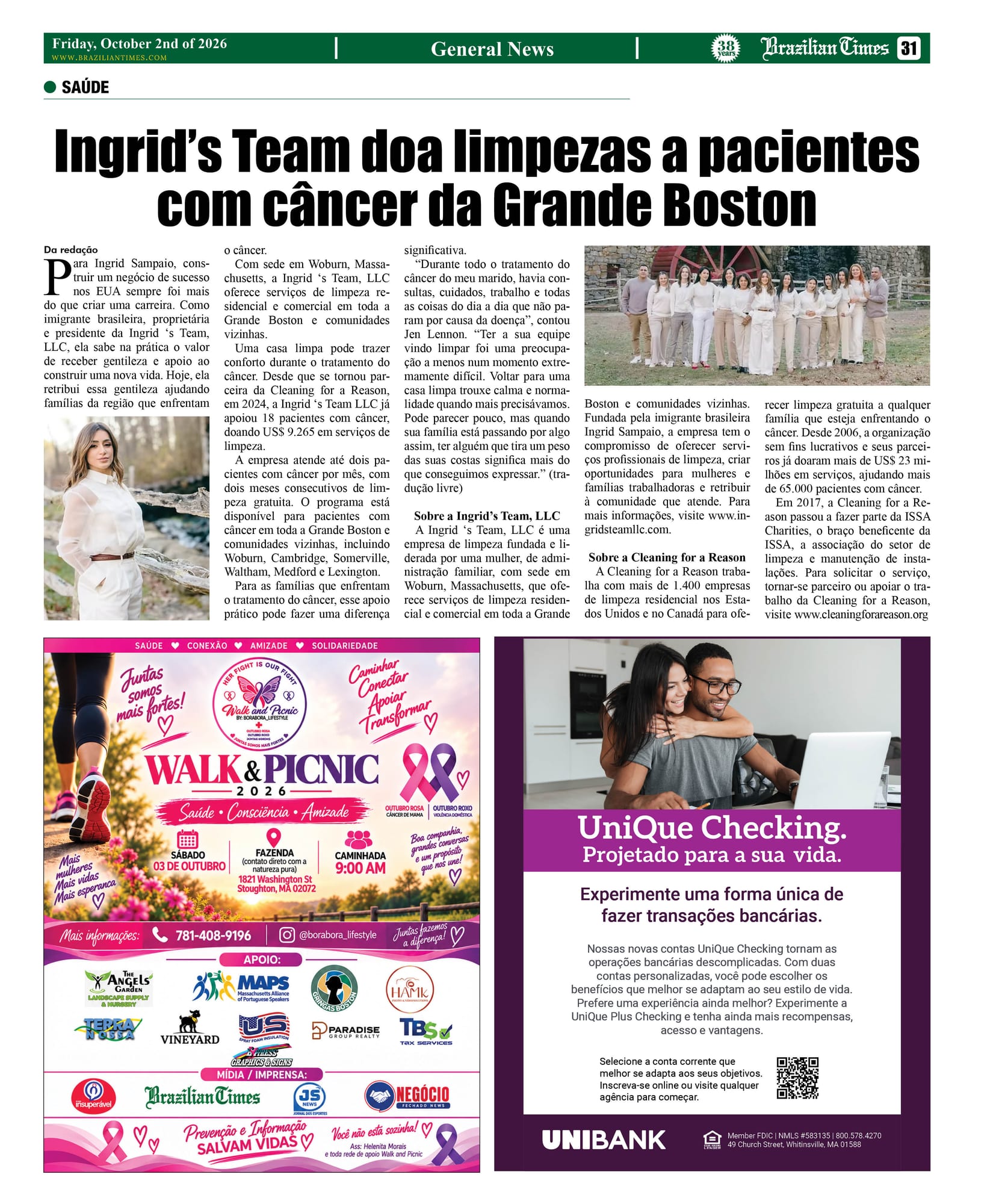 Ingrid’s Team doa limpezas a pacientes com câncer na Grande Boston e reforça compromisso comunitário