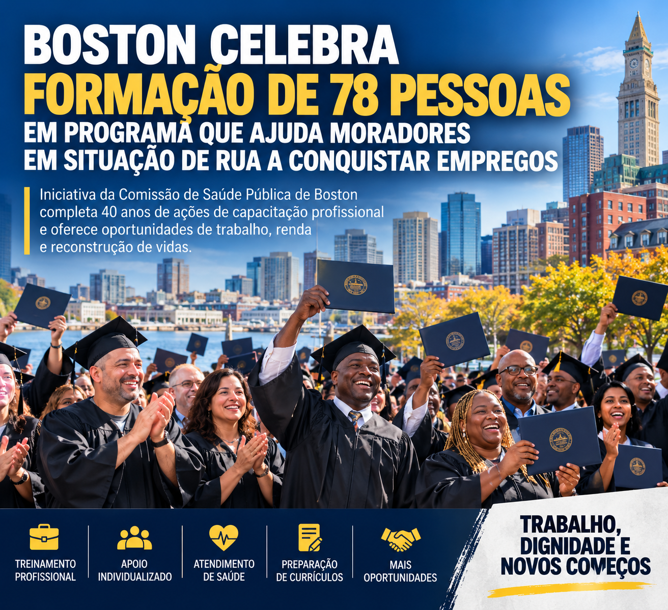 Boston celebra formação de 78 pessoas em programa que ajuda moradores em situação de rua a conquistar empregos
